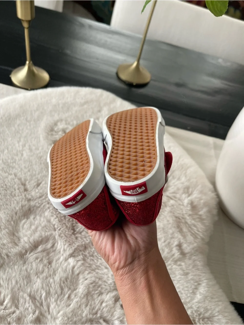 Vans Kids Red Glitter Mary Jane Sneakers with White Toe